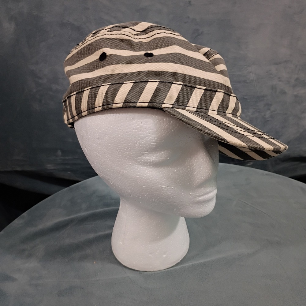 Black White Striped Cadet Hat Military Style Canvas Cap One Size UL14A439